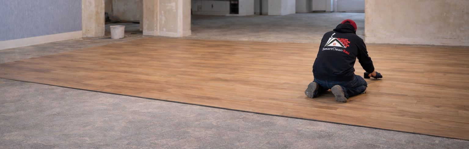 SmartClean Bau – Professioneller Bodenleger beim Verlegen von Parkett in Bad Orb