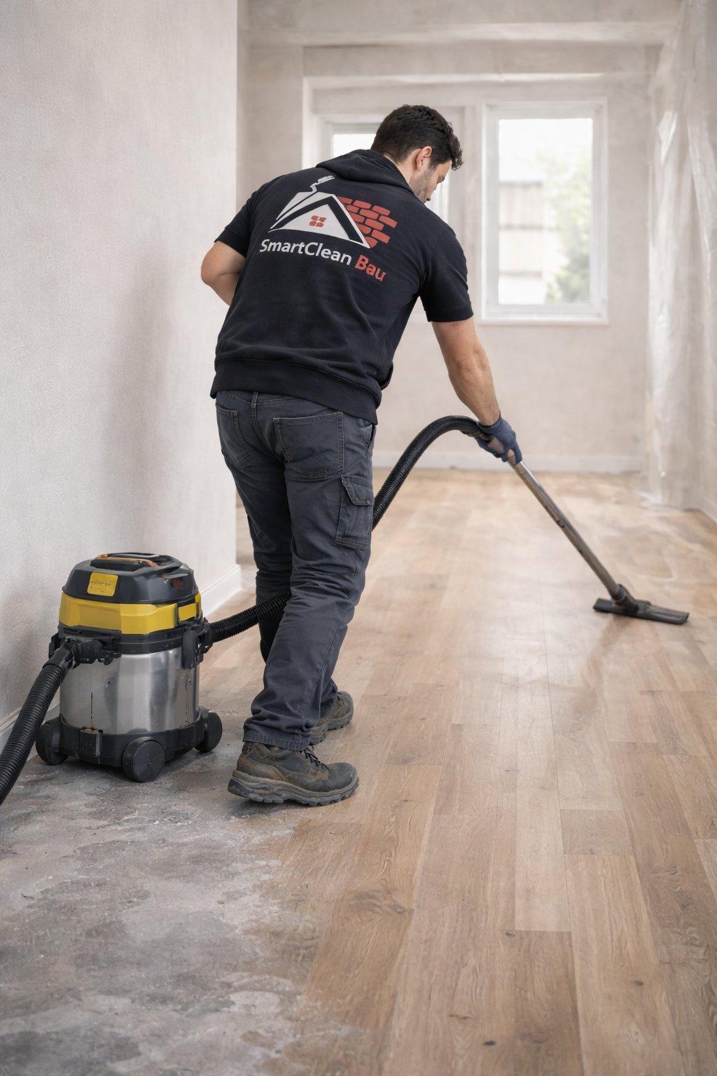 Innen-Gebäudereinigung – SmartClean Bau Mitarbeiter beim Saugen nach Renovierung